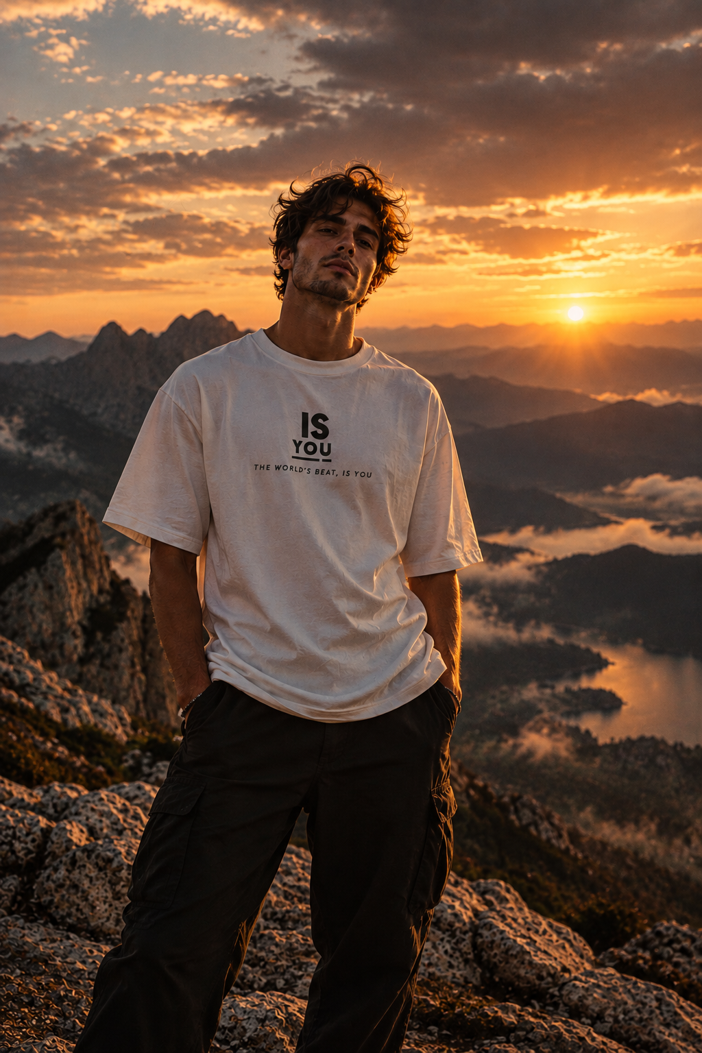 Un uomo in maglietta bianca IS YOU in montagna al tramonto