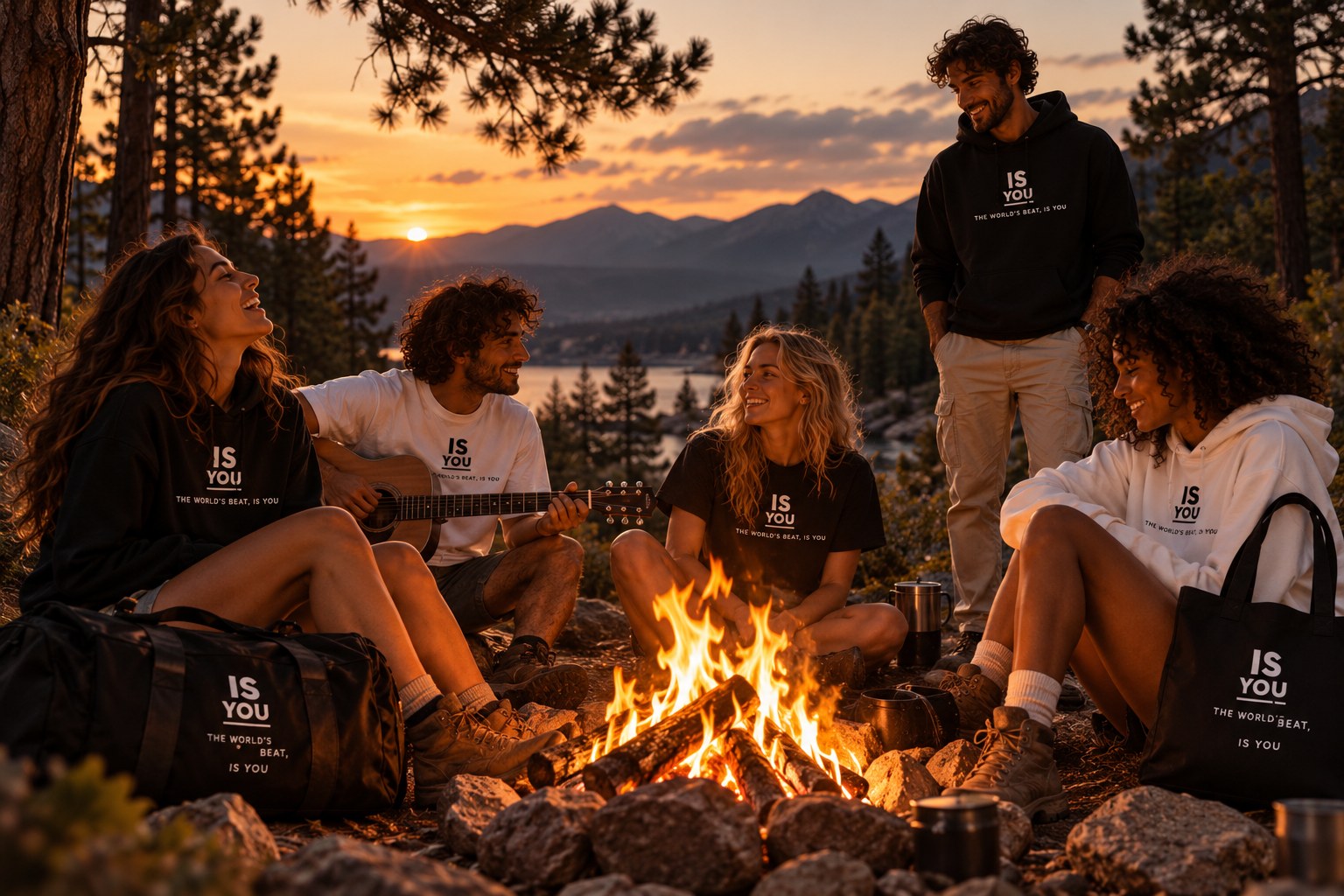 Un gruppo di ragazzi attorno a un falò al tramonto in montagna: alcuni siedono, uno suona la chitarra, tutti con indosso i capi e gli accessori IS YOU