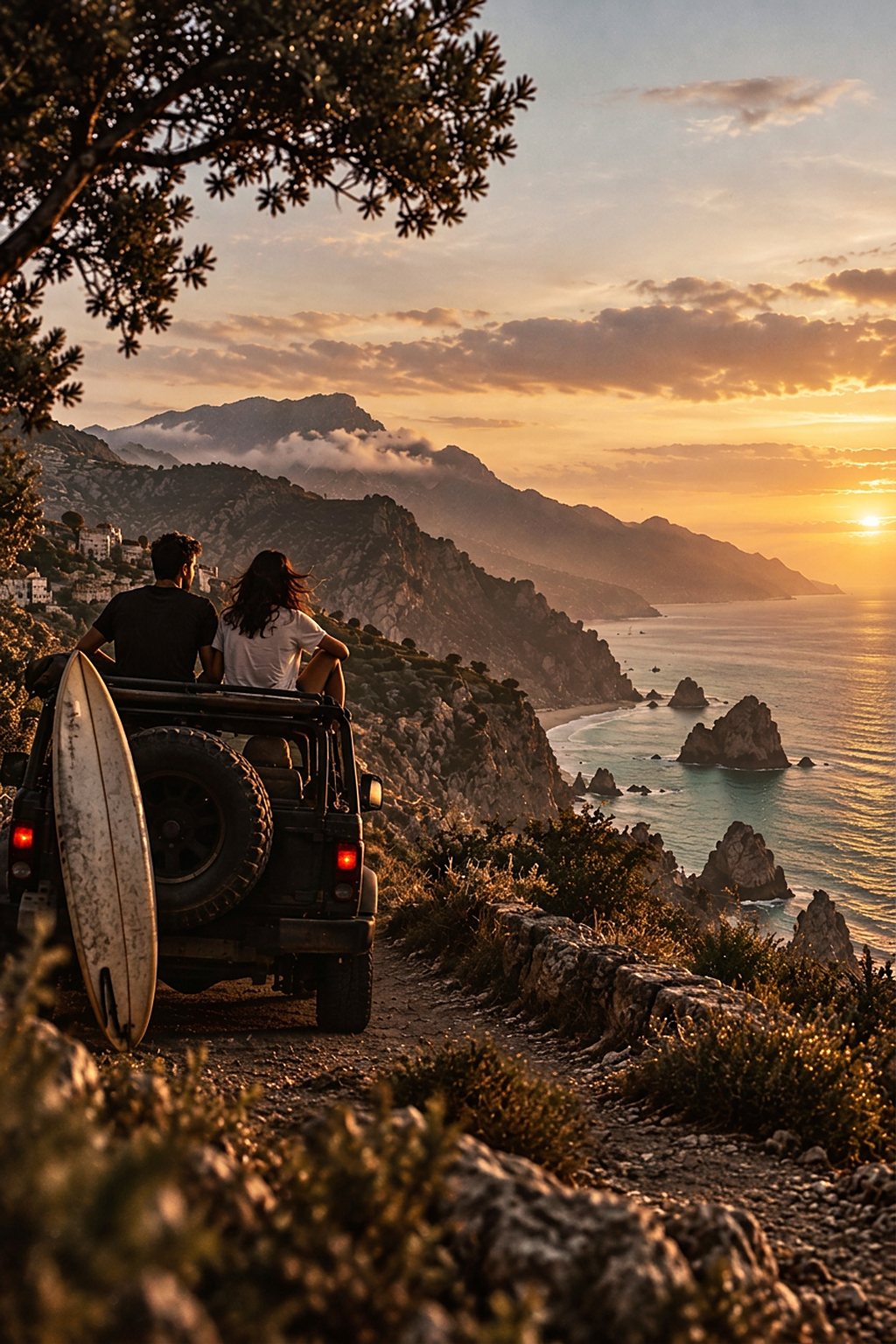 Due persone su una jeep con tavola da surf osservano la costa e le montagne al tramonto